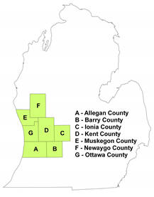 A graphical index of 7 Michigan counties used in this study.